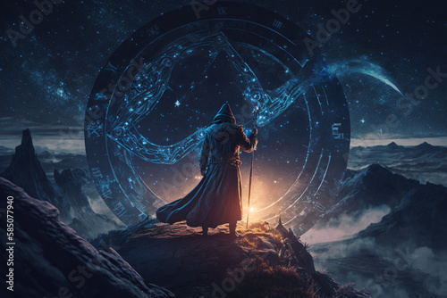 Sorcerer using an astrolabe to gain forbidden knowledge, standing on a mountain top, starry night, mild wind, magical effects, cinematic lighting, cinematic composition, Generative AI