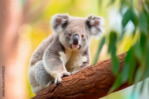 Cute koala bear sits on the tree branch. Beautiful wild nature. Generative AI.