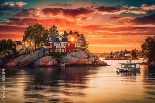 Stockholm Archipelago View, Charming Waterfront Houses and Historic Buildings by Generative AI