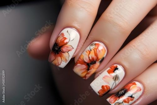 realistic photo of red floral nail art on hand, made with generative ai