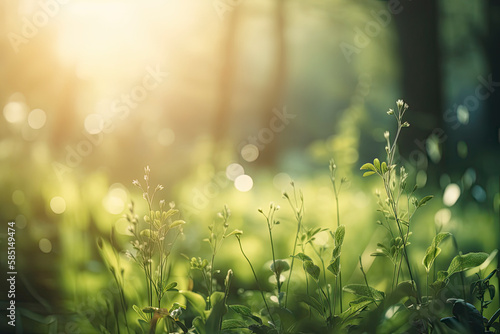 Natural green defocused spring summer blurred background with sunshine. Juicy young grass and foliage on nature in rays of sunlight, scenic framing, copy space
