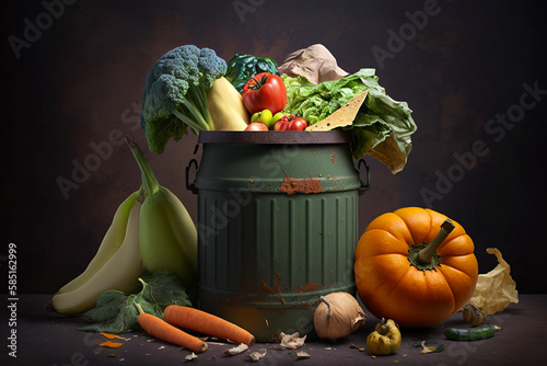 Uneaten unused spoiled vegetables thrown in the trash container. Food loss and food waste. Reducing wasted food, composting, rotten veggies in a trash. AI generated.