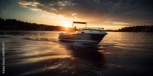 Swiming motorboat yacht sunset on lake