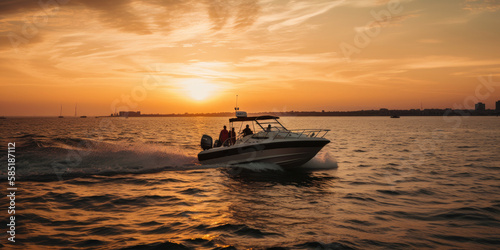 Motorboat yacht sunset on sea bay