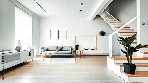 Minimalistic Living room with grey sofa