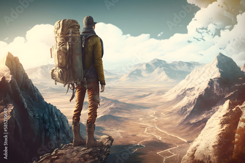 Man with backpack, traveller or explorer standing on top of mountain or cliff and looking on valley. Concept of discovery, exploration, hiking, adventure tourism and travel. 3d render