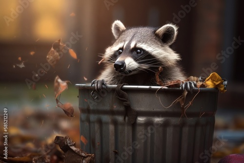 Raccoon in trash can leans out mouth open autumn. AI generated
