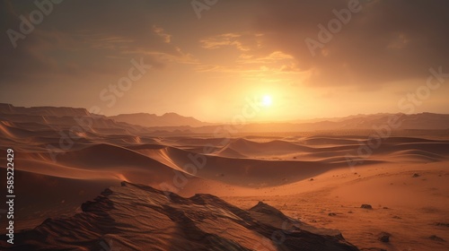 Sunrise in sahara desert. Created with Generative AI.