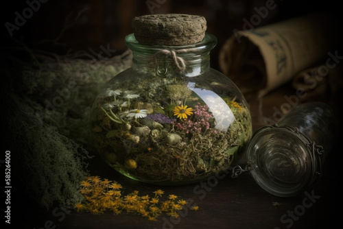 Glass botle with dried herbs on the table. AI Generated