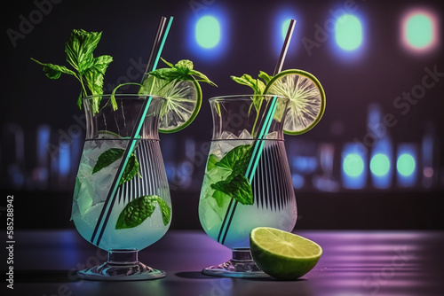 Two glasses of mojito cocktail with straws lime and mint at the party, Generative AI