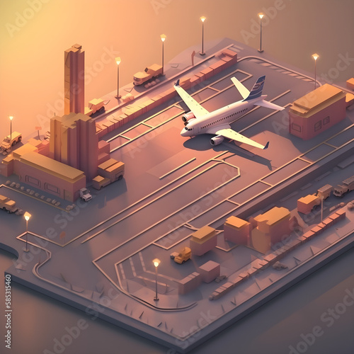 Isometric airport with aero plane. Sunset scene. Generated AI