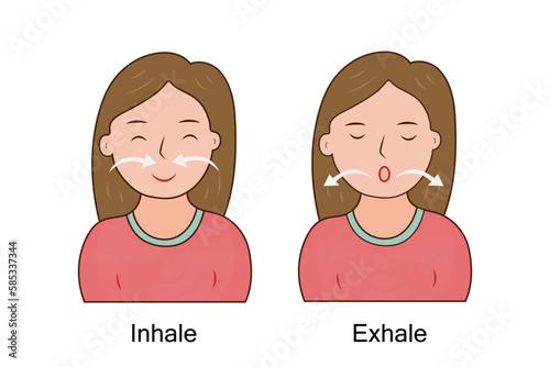 woman doing practice inhale and exhale.Breath exercise.Pursed lip breathing technique.Good health.Cartoon character.Vector.Illustration.