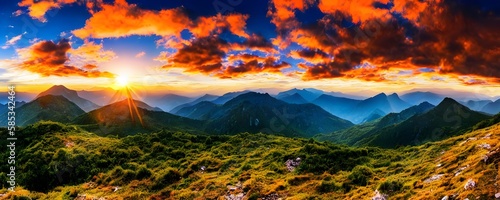Sunset panorama in mountains national park. Forest mountains at dawn. Early morning mountain landscape. Generative AI