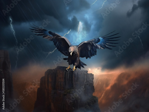 thunderbird perched on rocky cliff, wingspan wide open, lightning storm in the sky, generative AI 