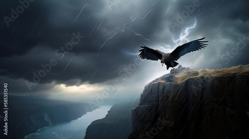 majestic thunderbird perched on cliff, wings spread wide, lightning storm background, generative AI