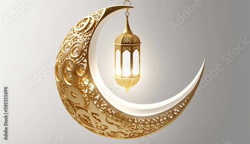 Arabic crescent moon and lantern pendant on a light Ramadan background. Generative AI