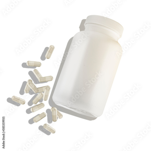 Rozsypane kapsułki miękkie, rozpuszczalne, obok biała butelka na lekarstwa. Lekarstwa i biała butelka na białym tle