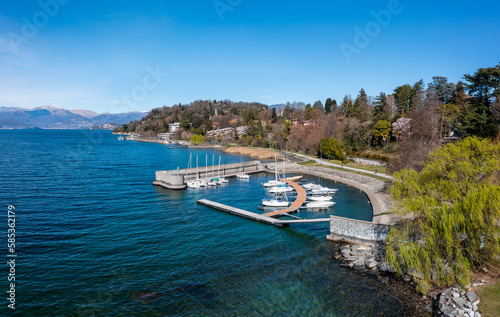 high angle view of the small harbor and marina in Ispra on the shores of Lake Maggiore