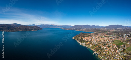 landscape panorama of Lake Maggiore in the Italian Lake District and the village of Ispra