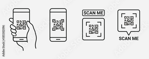 QR code scan icon with smartphone, scan me barcode sign, Vector illustration eps 10 icon set.