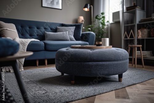 Navy stool with fabric couch in grey living room. Blue ottoman on striped carpet. Generative AI