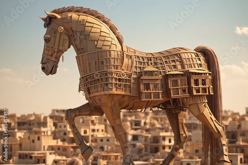 trojan horse,the wooden horse inside the city Created with Generative AI Technology