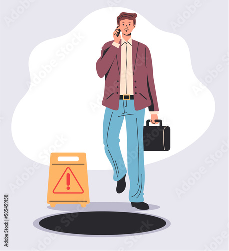 People does not see open hatch. Smartphone addiction concept. Vector graphic design illustration
