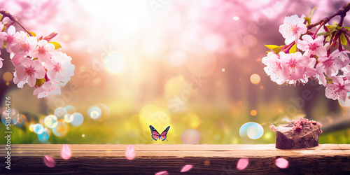 Spring background with empty wooden table. Natural template for product display with cherry blossoms bokeh and sunlight. generative ai. Wooden table in spring blooming cherry orchard with butterflies