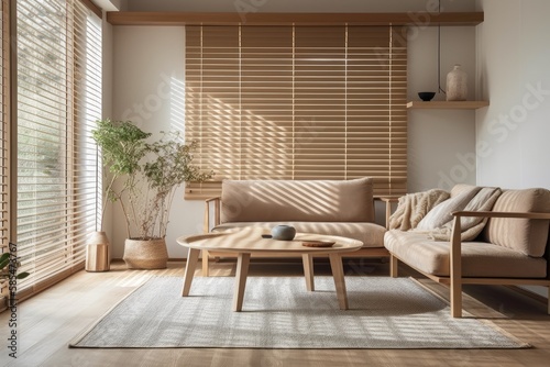 Beige toned wooden living room. Carpets, paper light, venetian blinds, and fabric couch with cushions. Japanese interiors. Generative AI
