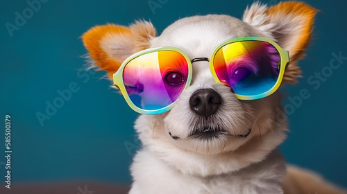 Love Has No Labels. Cute puppy with colorful rainbow sunglasses, symbolic of LGBTQ campaign fight for equality. Generative AI