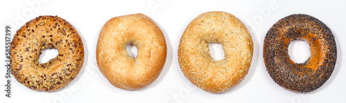 Assorted bagels sandwich for breakfast bagel from above isolated on a white background