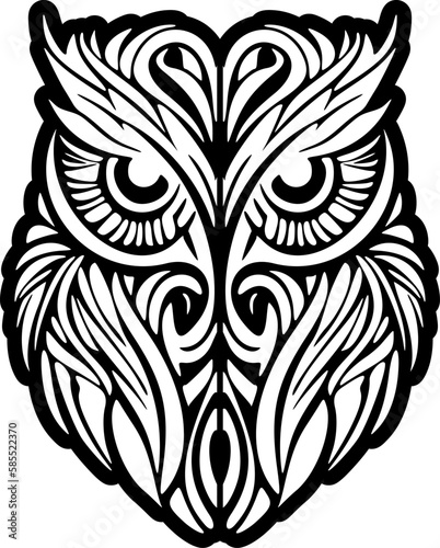 ﻿.Owl tat in striking monochrome with Polynesian designs.