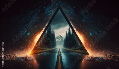 portal, gate on the road to another dimension. Future cyber technology time machine. entrance to another world. Parallel dimension timeline concept. Generative AI