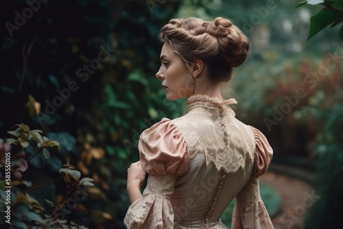 Woman in vintage Victorian era dress stands in spring time garden, back side view, created with Generative AI Technology