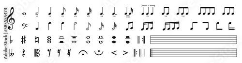 Set of musical notes. Black music note icons. Music elements. Treble clef. Vector illustration