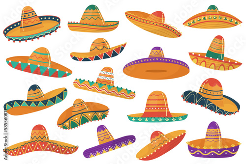 Mexican sombrero traditional vintage headdress flat illustrations set. Ethnic retro carnival hat