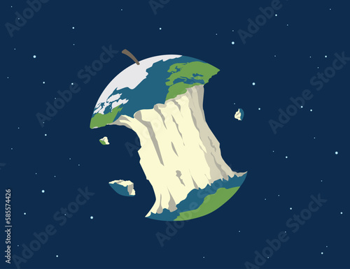 illustration vectorielle représentant la planète terre en forme de trognon de pomme rongé par l'activité humaine