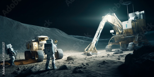 humans mining the moon and steroids, space mine, minerals, group of astronauts digging a quarry on the moon