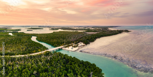 Aerial sunset with the bridge between Sugarloaf and Saddlebunch Keys, above Sugarloaf Creek, in Florida Keys, Florida.