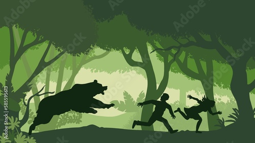 Bear chasing people in the deep forest 