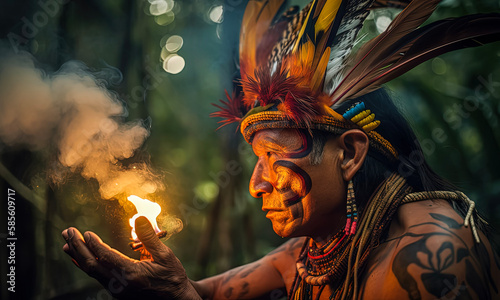 A Shaman traditional healer preparing for a ceremony in the Amazon rainforest (generative AI)
