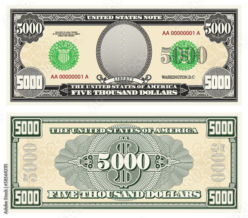 Vector gray banknote obverse and green reverse. Denomination five thousand US dollars. Empty oval and guilloche frame. American paper fiction money.