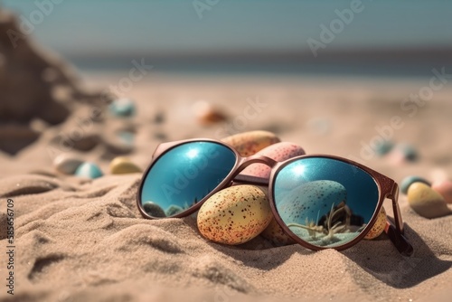 sunglasses resting on a sandy beach with ocean waves in the background. Generative AI
