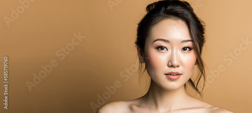 Charming Asian woman with naked shoulders and natural makeup looking at camera isolated on beige. healthy clean slon spa concept cosmetic skin care, spa beauty treatment, skincare. Generative AI