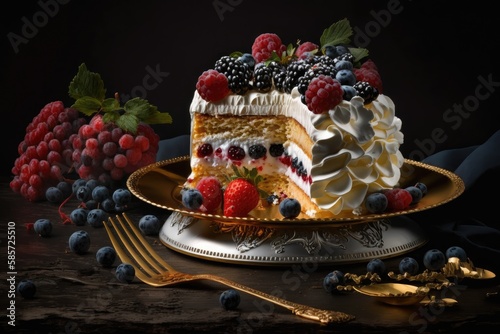 napoleon cake with buttercream and berries on plate, created with generative ai