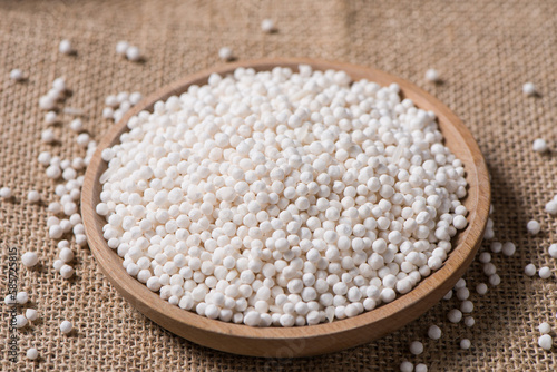 white sago pearls or sago balls on table.