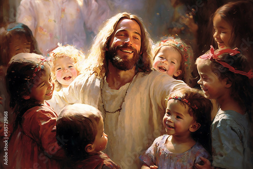 Jesus Christ with joyful children - Fine art oil painting style
