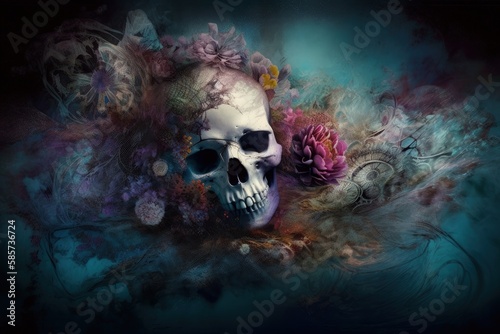 skull adorned with vibrant flowers. Generative AI