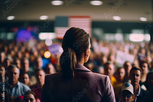 Politic woman girl candidate speaks stage rostrum, agitating to vote for team, crowd voters backdrop United States of America flags. Election campaign ahead elections authorities. Generative AI