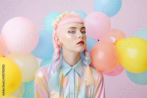 Portrait of a young beautiful girl with a silly hairstyle, crazy summer party, pastel colorful colors with helium balloons in the background. Generative AI.